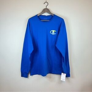 Champion Men’s Blue Yellow Logo Long Sleeve Tee Size Large NWT